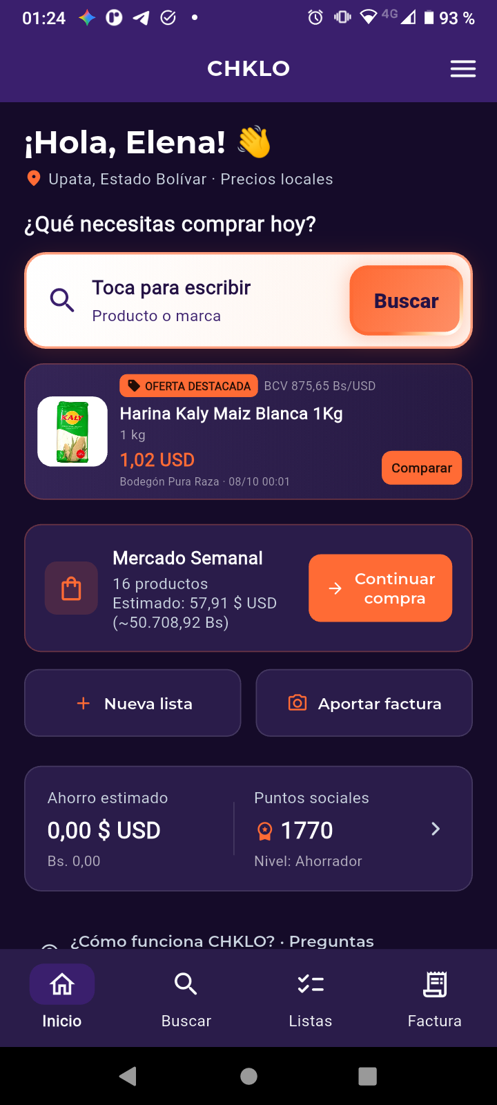 Inicio real de CHKLO con búsqueda, listas y aporte de facturas